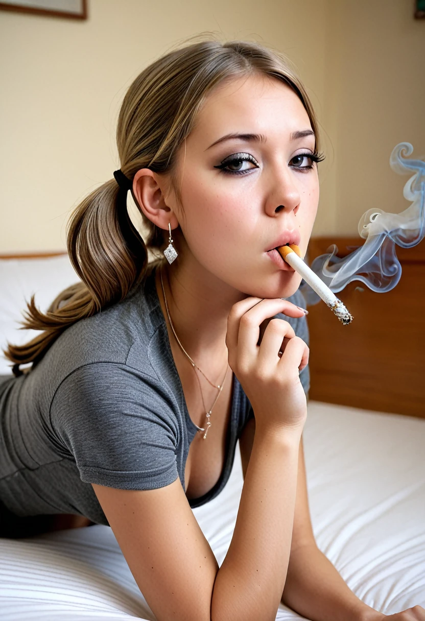 a girl getting fucked doggy style, penis in pussy, cock inside pussy, small breasts, on the bed, piercings, pain, agony, teenager, high school girl, pigtails, rapidly smoking cigarettes, sucking very hard on cigarette, deeply inhaling, the cigarette ash is growing very long, the cigarette ash is very long, SMOKE IN MOUTH, lots of cigarette ash, tight ass,