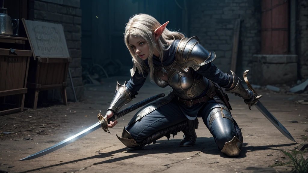 8K, Best Quality, Masterpiece, Ultra High Resolution, (highly detailed CG unity 8k wallpaper), (best illustration), (best shadows), isometric 3D , octane rendering, ray tracing, highly detailed, an elf in shiny metal armor fights with a sword