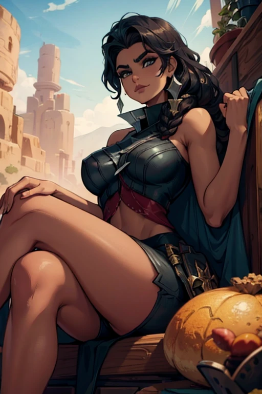 samira \(league of legends\) , she has arched eyebrows , sitting , crossed legs , desert background