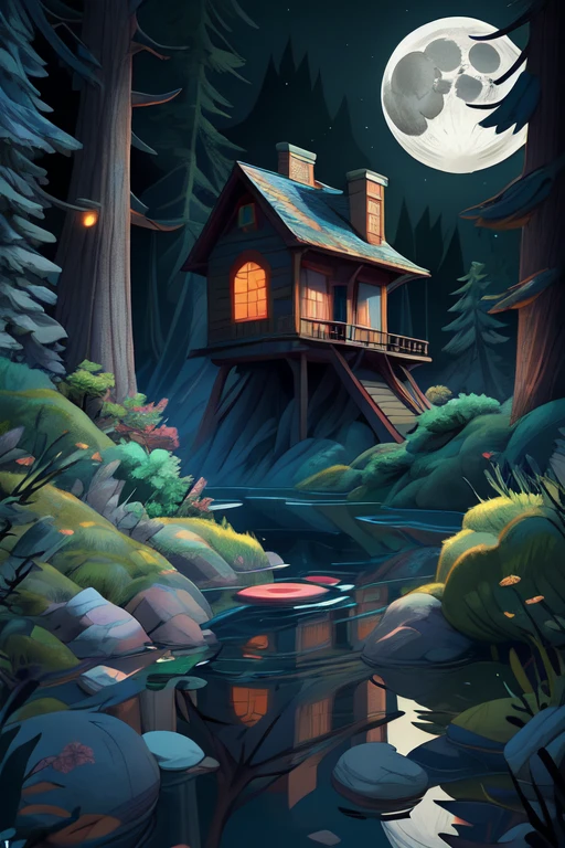 engraving+color illustration, story map, horror poison aesthetic, moon, forest, lake, rocks, multicolour, eat art, ambient occlusion, uhd, clarity, dark background  ((best quality)), ((masterpiece)), (detailed), perfect face