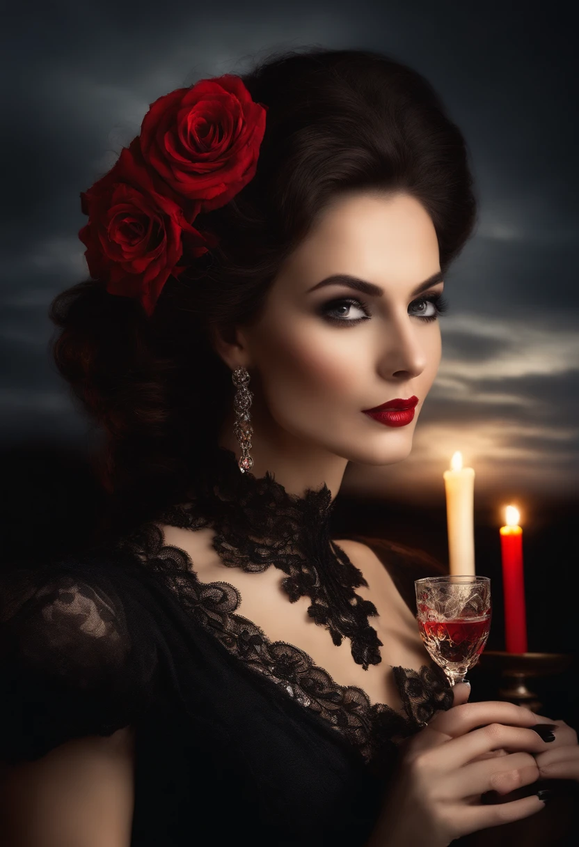 vibrant and realistic photo of a woman with exuberant beauty, wearing a black dress with lots of lace from the 19th century, with red details. In his hand he holds a glass of champagne. The atmosphere is gloomy with lots of clouds and lit candles. The image should convey a feeling of strength, mystery and beauty. penetrating and sensual look