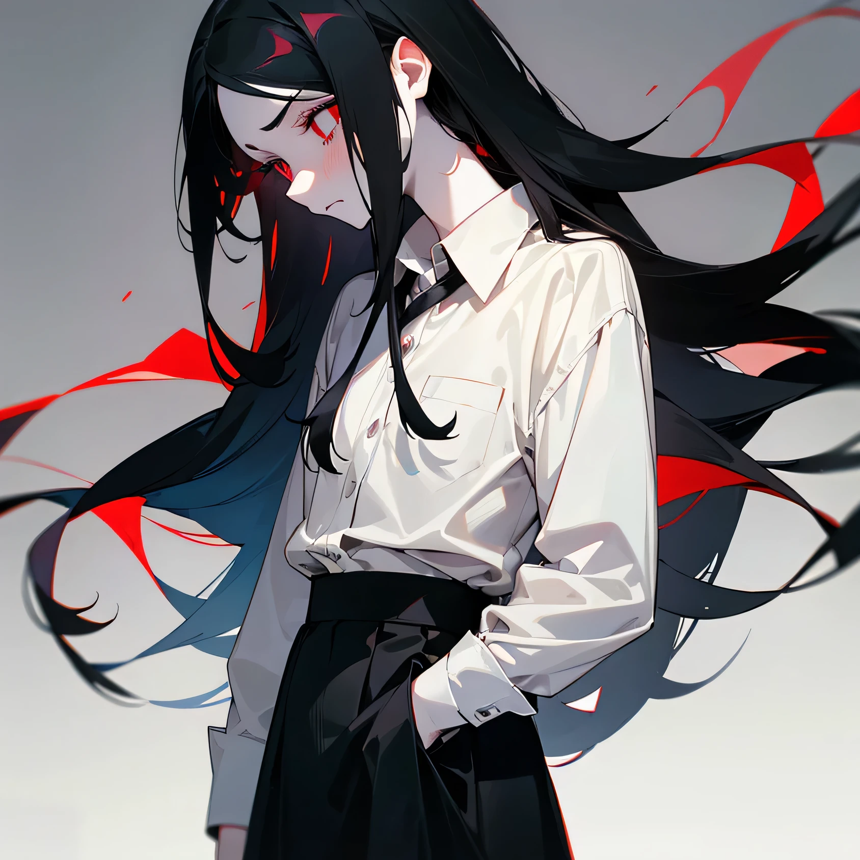 A  with long black hair,dead red cold eyes,pale skin,and wears a white button-up shirt tucked up into a black skirt. 15 years old,and 5'5 A solemn,hopeless,almost sad face.