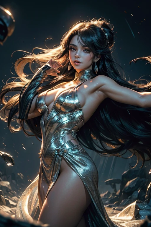 ((Masterpiece of Unparalleled Excellence, Meticulously Sculpted for the Silver Screen)), ultra-highres 8k, cinematic light orchestrating a dramatic, high-contrast dance across her features, deftly blurring the depth of field to highlight her radiant allure. The detailed background of the pulsating club, a fusion of dark shadows and glittering lights, adds to the electrifying atmosphere. The woman, with her half-back golden, long hair cascading down her shoulders like a gleaming waterfall, adorned with long eyelashes that cast long shadows under the spotlight, emerald eyes that sparkled with inner passion, long, carefully