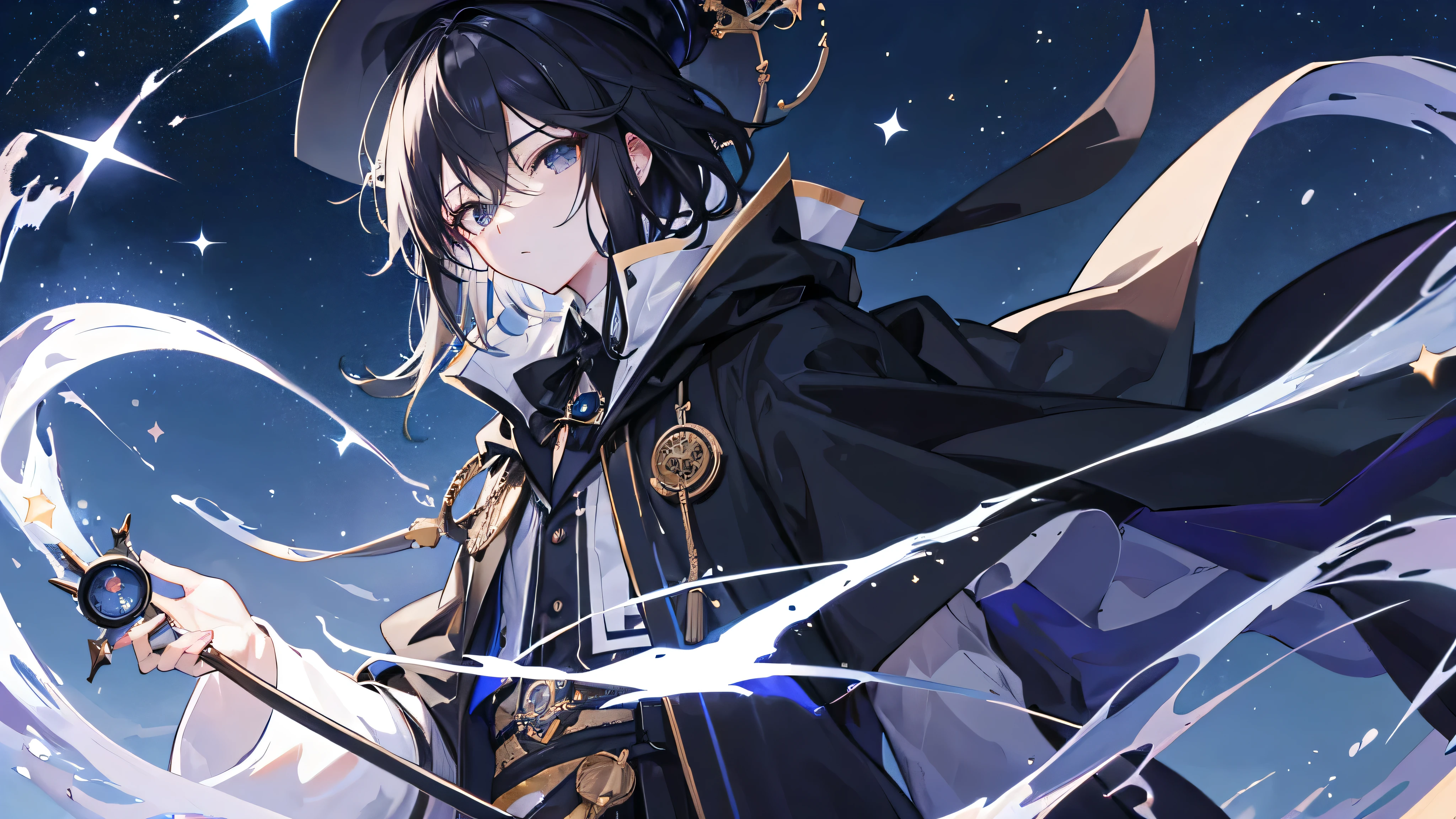 (Highest quality),(Detail optimization),(Watch your hands),Anime Male,Traditional black wizard robe,Magician hat,Monocle,Cold,cool,Black hair and black eyes,Magic Effects,Starry sky background