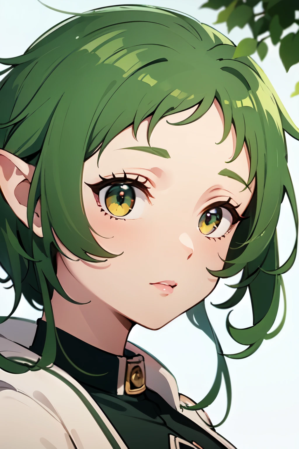 ((best quality)), ((masterpiece)), (detailed), perfect face. Asian girl. Green hair. Elf.