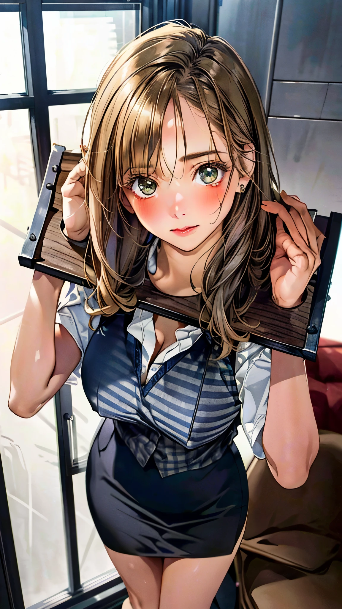 (masterpiece:1.3, top-quality, ultra high res, ultra detailed), (realistic, photorealistic:1.4), beautiful illustration, perfect lighting, natural lighting, colorful, depth of fields, , 
beautiful detailed hair, beautiful detailed face, beautiful detailed eyes, beautiful clavicle, beautiful body, beautiful chest, beautiful thigh, beautiful legs, beautiful fingers, shiny skin, 
looking at viewer, (face focus, from above), 1 girl, japanese, office worker, reception, (perfect anatomy, anatomically correct, super detailed skin), cute and symmetrical face, babyface, 
(middle hair, straight hair, {light brown hair | blonde hair}), forehead, dark green eyes, long eyelashes, (large breasts, seductive thighs), perfect face, perfect eyes, outstanding style, , 
(detailed cloth texture, white and grey checked vest:1.2, navy pencil skirt) bow tie, (pillory:1.5), 
(beautiful scenery), afternoon, (modern office indoors), cityscape of windows, standing, (embarrassed),