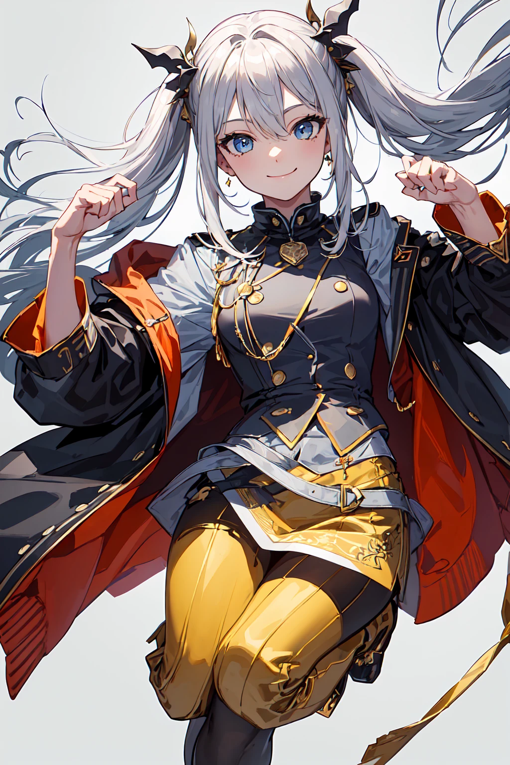 (((masterpiece))), (((best quality))), ((ultra-detailed)), (illustration), (detailed light), ((an extremely delicate and beautiful)), (beautiful detailed eyes), 1girl, bangs, hair between eyes, crossed bangs, sidelocks, low pigtails, long hair, white hair, blue eyes, (tareme, tareme eyes), (hair ornament, long sleeves, fully clothed, jacket, open jacket), (holding flag:1.2), pride month, arm up, (teenager), (smiling, closed mouth:1.4), perfect hands, perfect proportions, perfect ???????, full body, ((white background)), (HDR), (8k), (32k), (Ultra detailed eyes), (realistic ultra details),