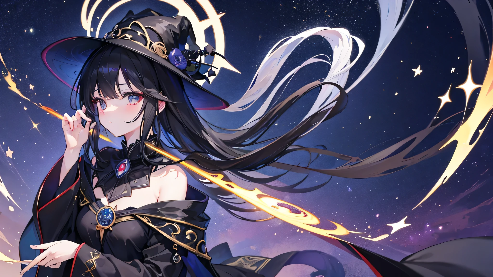 high quality, highly detailed, detailed hands, anime girl, traditional black sorcerer robe, sorcerer hat, cute, elegant, long black hair, dark eyes, magic effects, starry night background
