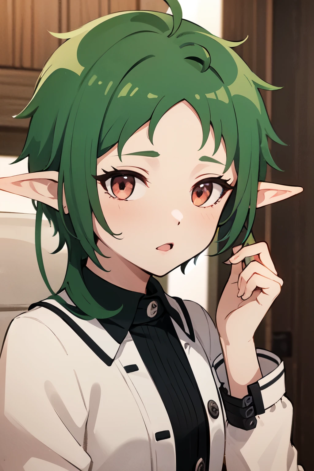 ((best quality)), ((masterpiece)), (detailed), perfect face. Asian girl. Green hair. Short hair. Elf. Maroon eyes.