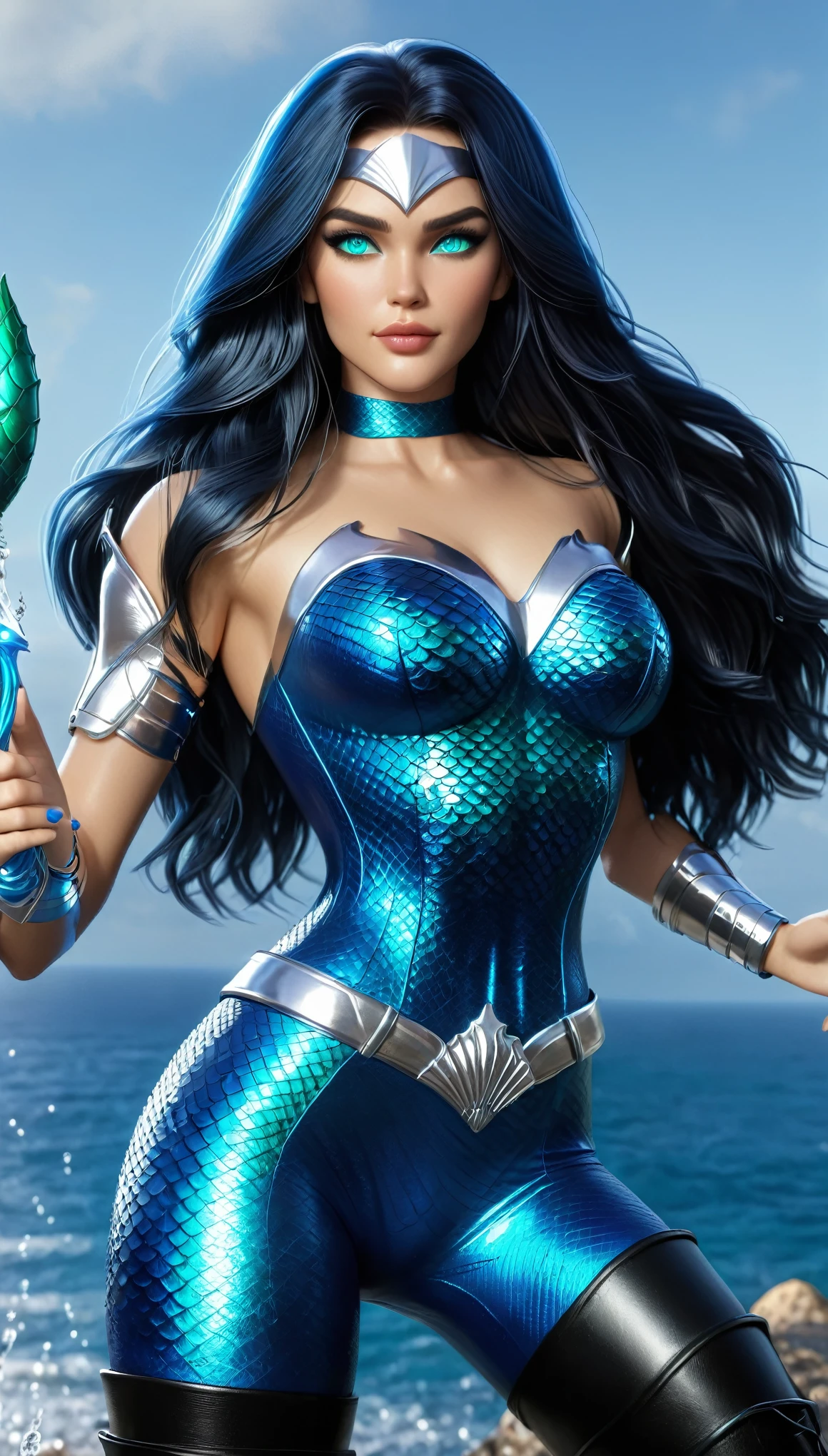 ( Masterpiece, 4k resolution, ultra-realistic, very detailed) A beautiful sexy female superhero who is a demigoddess , blue/green eyes and long dark  hair.  , , She wears a blue outfit with a fish scale like texture sleeveless , she has bracelets that are silver, and has black boots with a glowing blue tint. a silver belt with a sea shell in the center, (Oceania) (laying on her bed seductively) 