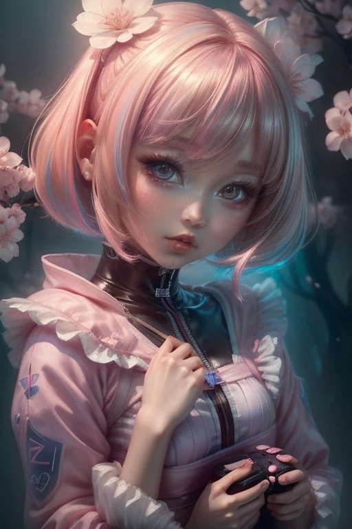 "((Charm)) Gijinka Girl, ((PlayStation 5 inspired costumes)), Cherry blossom background, ((Mysterious atmosphere)), ((Soft pastel colors)), Detailed painting, ((Captivating Gaze)), masterpiece