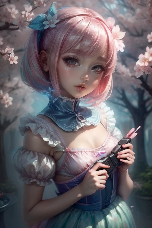 "((Charm)) Gijinka Girl, ((PlayStation 5 inspired costumes)), Cherry blossom background, ((Mysterious atmosphere)), ((Soft pastel colors)), Detailed painting, ((Captivating Gaze)), masterpiece