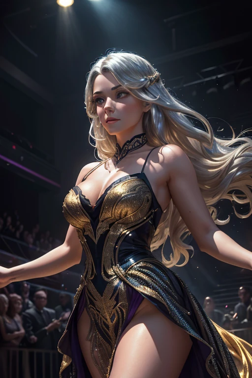 ((A Spectacle of Unmatched Brilliance, Tantalizingly Crafted for the Silver Screen's Embrace)), ultra-highres 8k, cinematic light conducting an elaborate, high-contrast ballet across her countenance, artfully blurring the depth of field to accentuate her radiant charm. The intricate background of the pulsating nightclub, a captivating blend of dark shadows and shimmering lights, contributes to the enthralling ambiance. The woman, with her half-back tresses of golden locks cascading down her shoulders like a flow of liquid gold, embellished with long eyelashes that threw elongated shadows under the stage lights