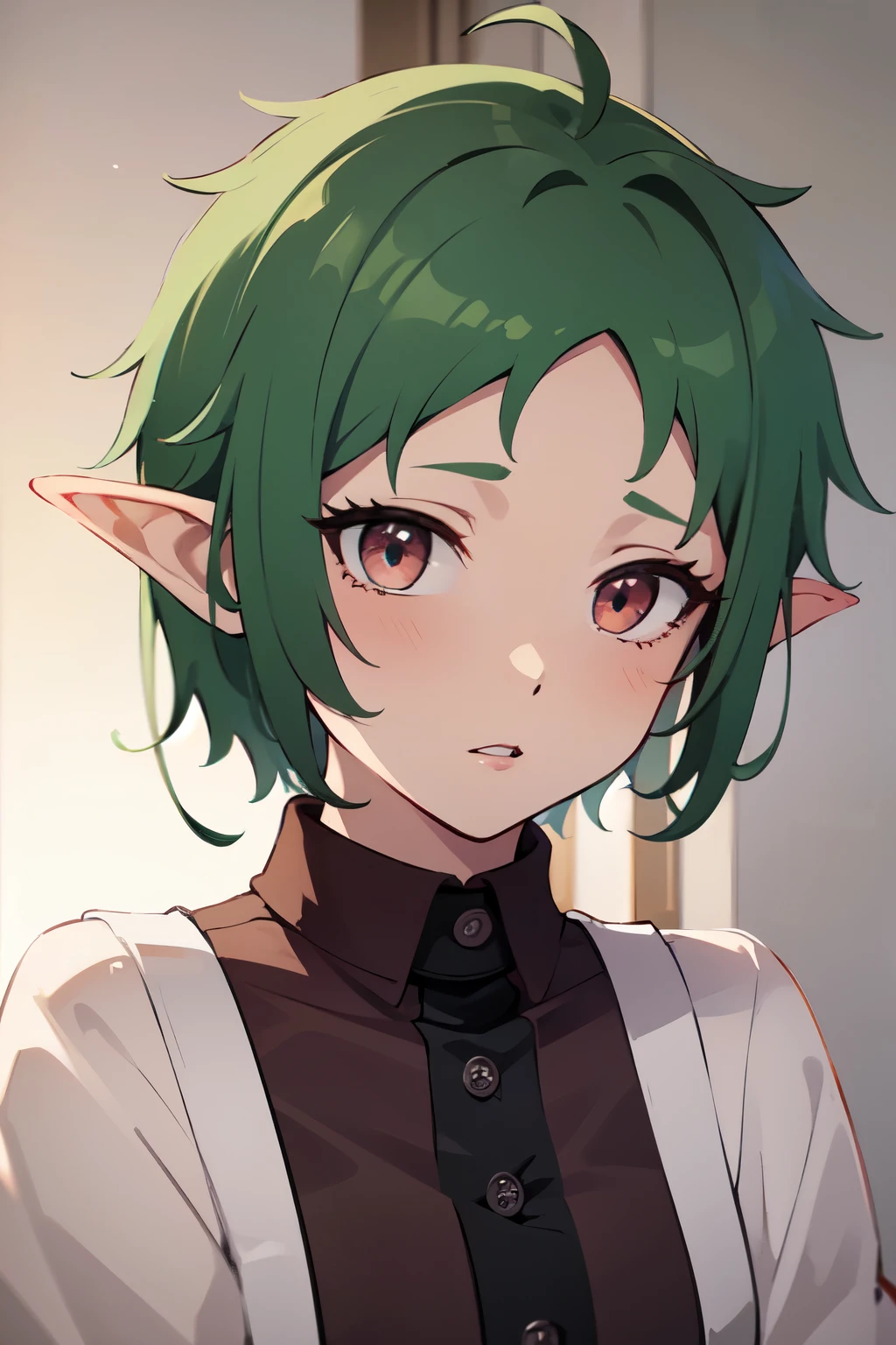 ((best quality)), ((masterpiece)), (detailed), perfect face. Asian girl. Green hair. Short hair. Elf. Maroon eyes.