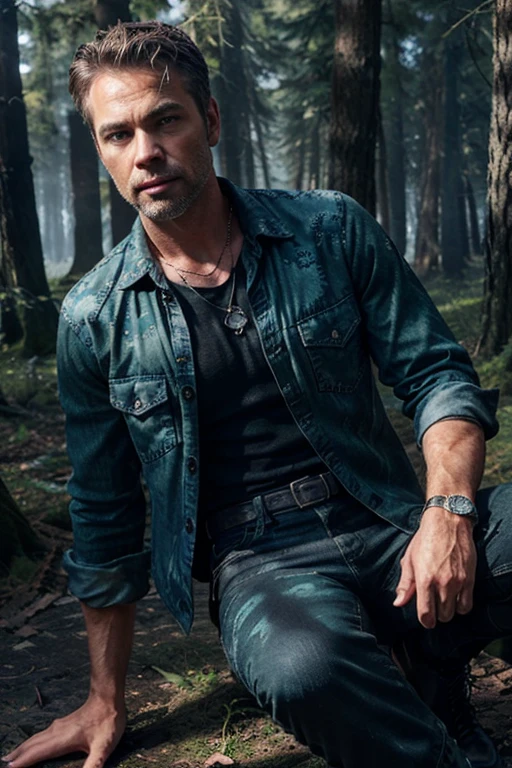 JR Bourne, Chris Argent, Wolf, 40 years old, short messy blonde brown hair, blue eyes, green military print dress shirt, dark blue military jean jacket, black jean pants, black combat boots, silver pendant , white wolf print. Forest background with fog aura around black color.