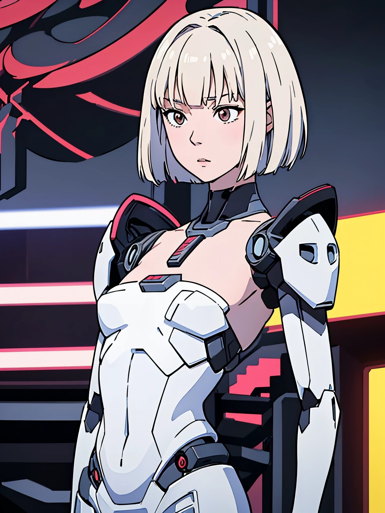 digital art drawing, illustration of (Winter from k-pop group aespa, short white hair with bangs, brown eyes, flat chest, topless, nude, cyborg girl, android, droid, mecha, mechanical fusion, exoskeleton, metal robotic arms, evil look, wires and cables connecting to the head, neon details, cyberpunk 2077), anime drawing/art, bold linework, illustration, digital art, masterpiece, flat illustration, no shadows, 8k resolution, high detail, vector art, only anime, perfect eyes, perfect hands, perfect fingers, sharpness, high clarity, medium shot, high fidelity
