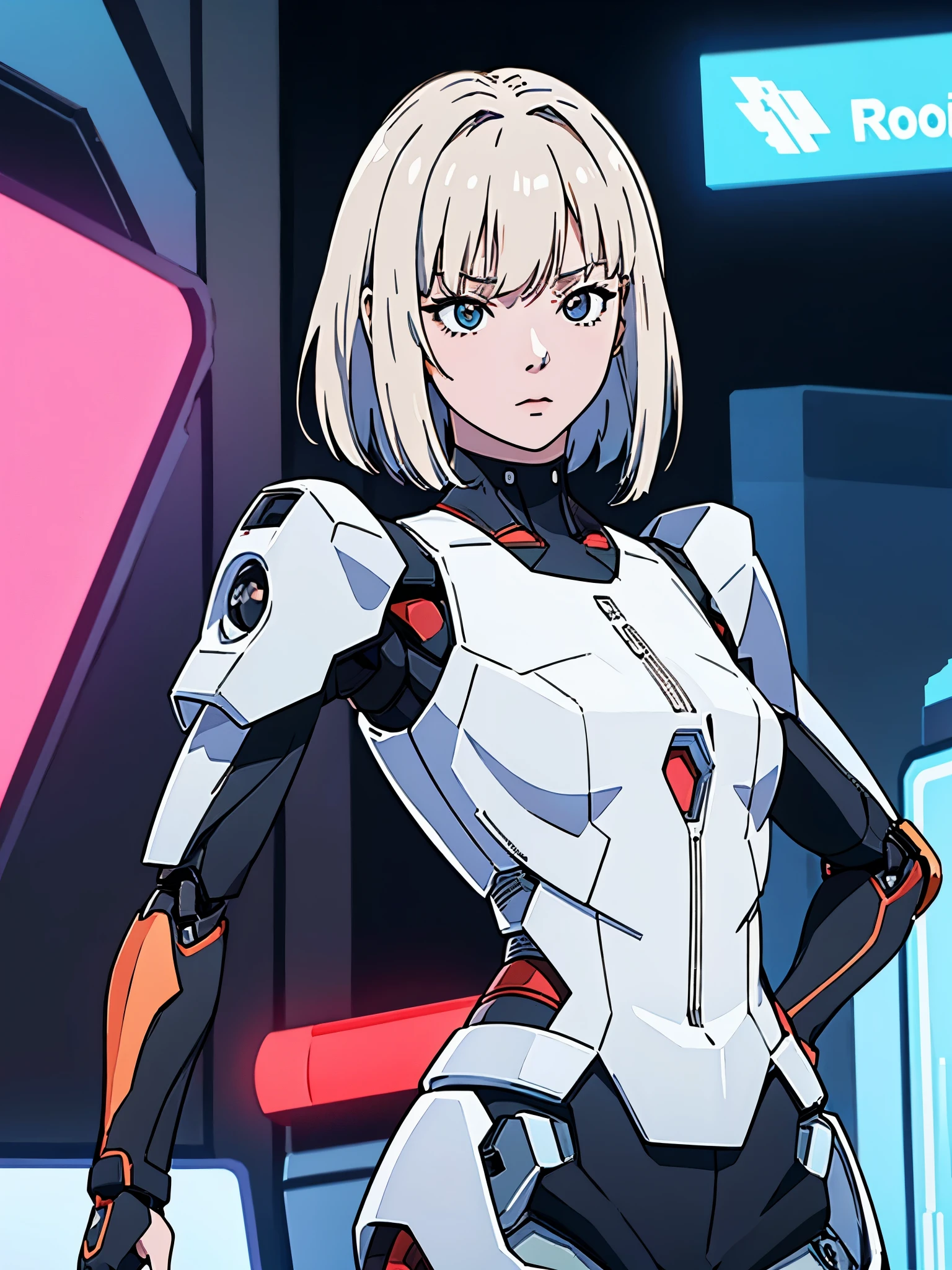 digital art drawing, illustration of (Winter from k-pop group aespa, short white hair with bangs, brown eyes, flat chest, topless, nude, cyborg girl, android, droid, mecha, mechanical fusion, exoskeleton, metal robotic arms, evil look, wires and cables connecting to the head, neon details, cyberpunk 2077), anime drawing/art, bold linework, illustration, digital art, masterpiece, flat illustration, no shadows, 8k resolution, high detail, vector art, only anime, perfect eyes, perfect hands, perfect fingers, sharpness, high clarity, medium shot, high fidelity
