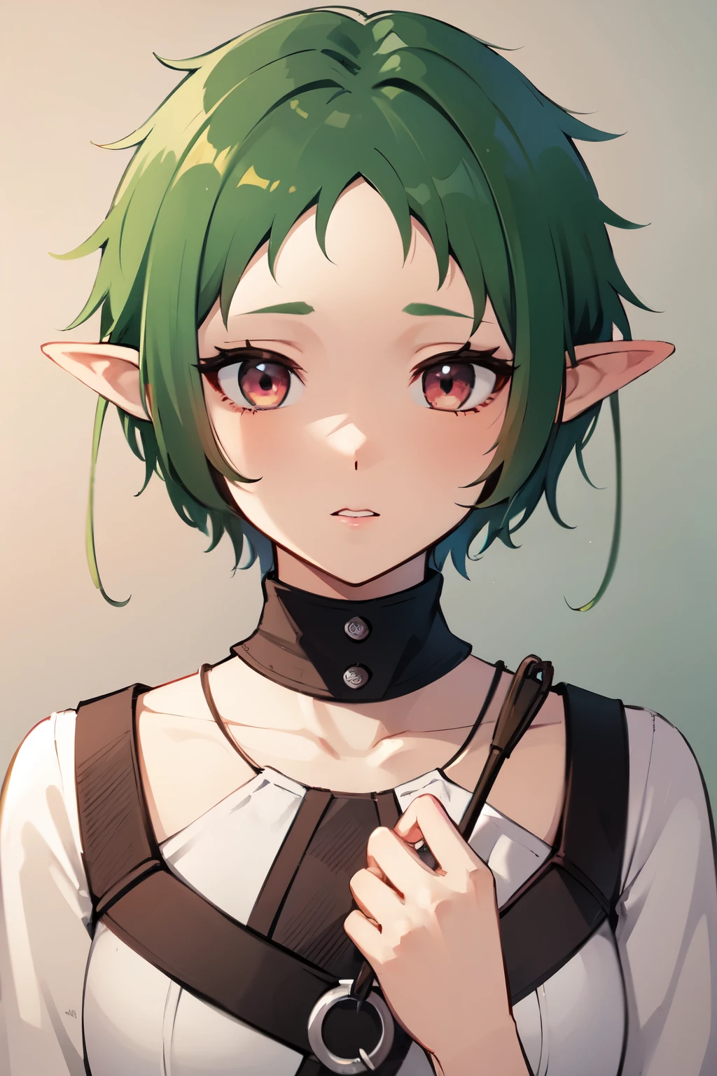 ((best quality)), ((masterpiece)), (detailed), perfect face. Asian girl. Green hair. Short hair. Elf. Maroon eyes.