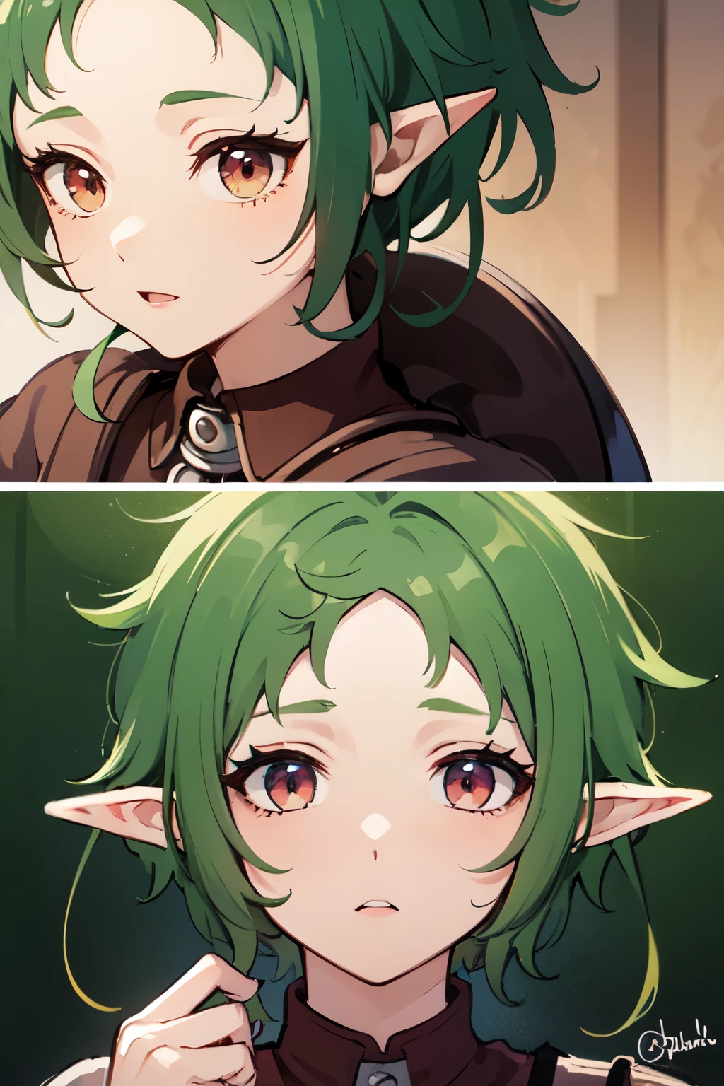 ((best quality)), ((masterpiece)), (detailed), perfect face. Asian girl. Green hair. Short hair. Elf. Maroon eyes.