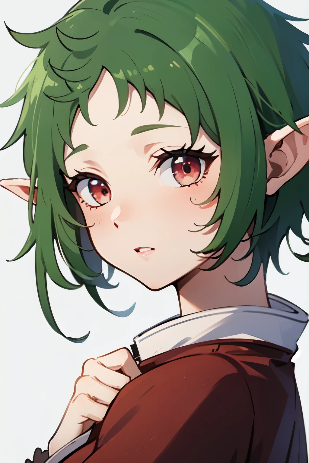 ((best quality)), ((masterpiece)), (detailed), perfect face. Asian girl. Green hair. Short hair. Elf. Maroon eyes.