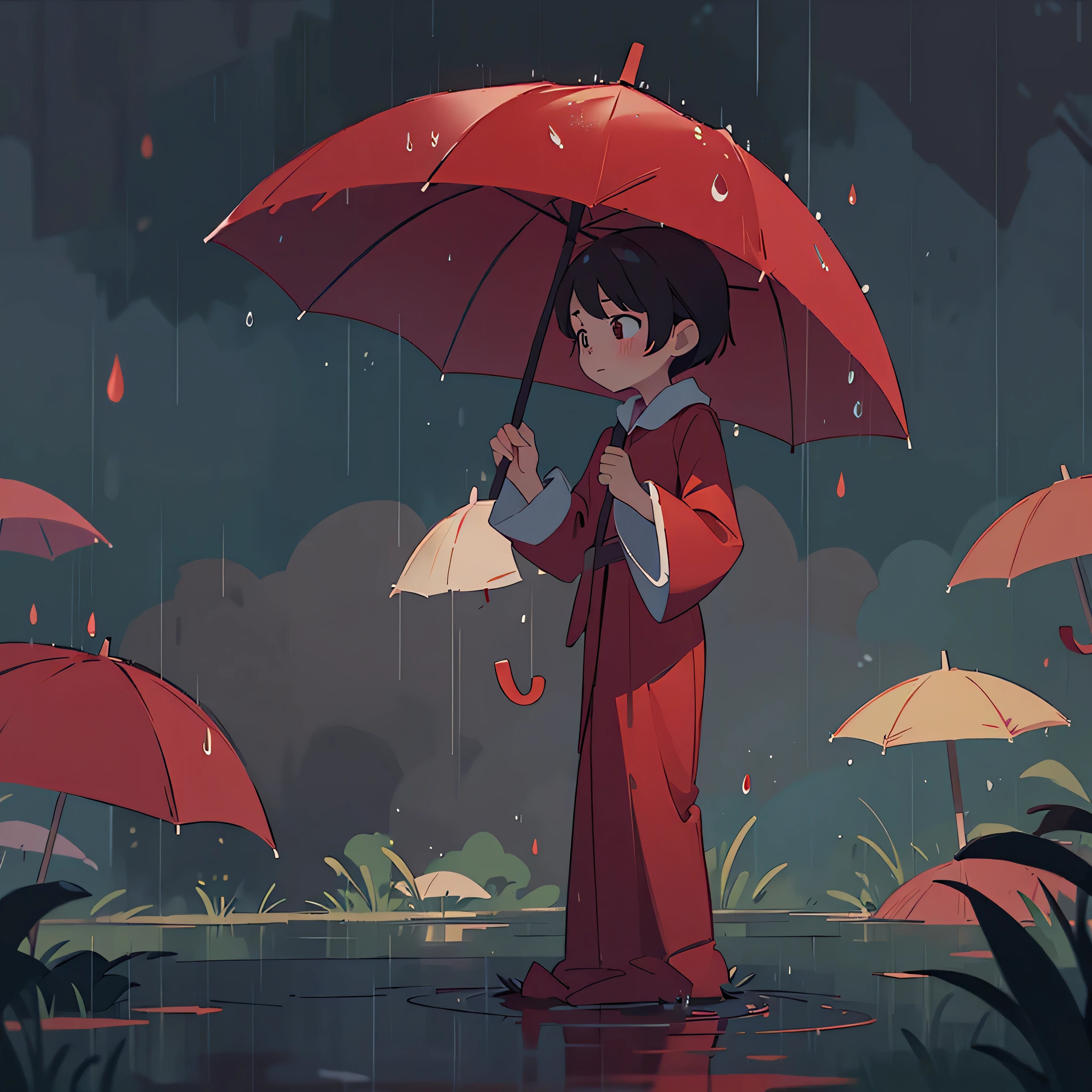 Draw me a drawing of a red umbrella, with raindrops falling from the sky