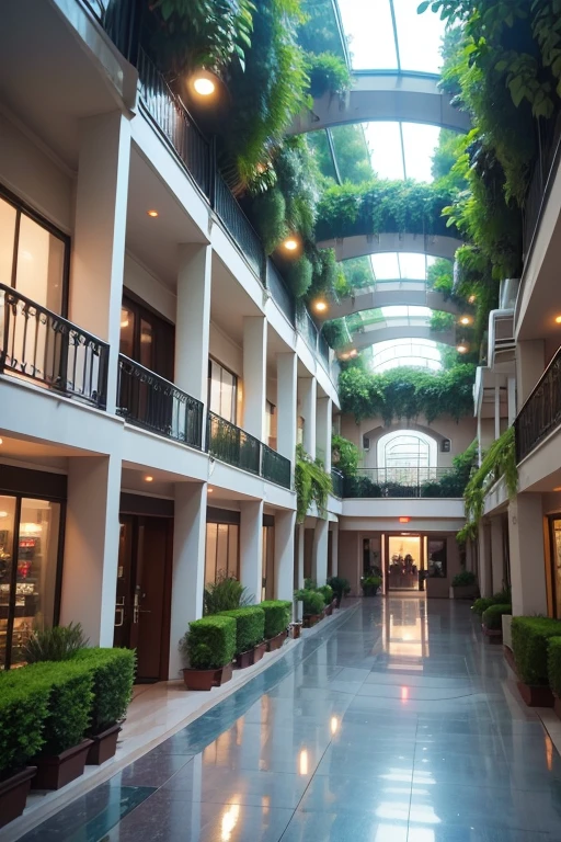 neighborhood mall,
humidified ambient,
two storys,
two floors,
garden,
smoth natural light,
rain forest vegetation,
smoth light,
50 meters width,
50 meters length,