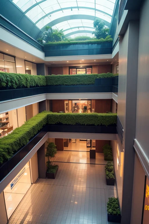 neighborhood mall,
humidified ambient,
two storys,
two floors,
garden,
smoth natural light,
rain forest vegetation,
smoth light,
50 meters width,
50 meters length,
