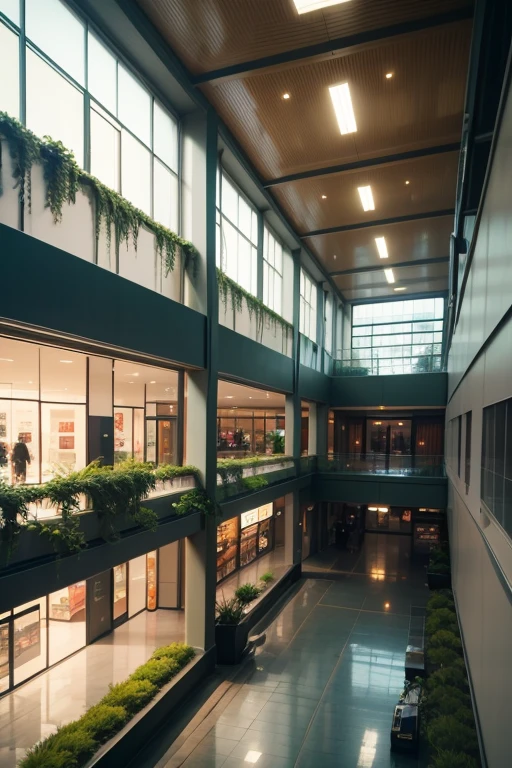 neighborhood mall,
humidified ambient,
two storys,
two floors,
garden,
smoth natural light,
rain forest vegetation,
smoth light,
50 meters width,
50 meters length,