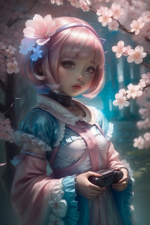 "((Charm)) Gijinka Girl, ((PlayStation 5 inspired costumes)), Cherry blossom background, ((Mysterious atmosphere)), ((Soft pastel colors)), Detailed painting, ((Captivating Gaze)), masterpiece