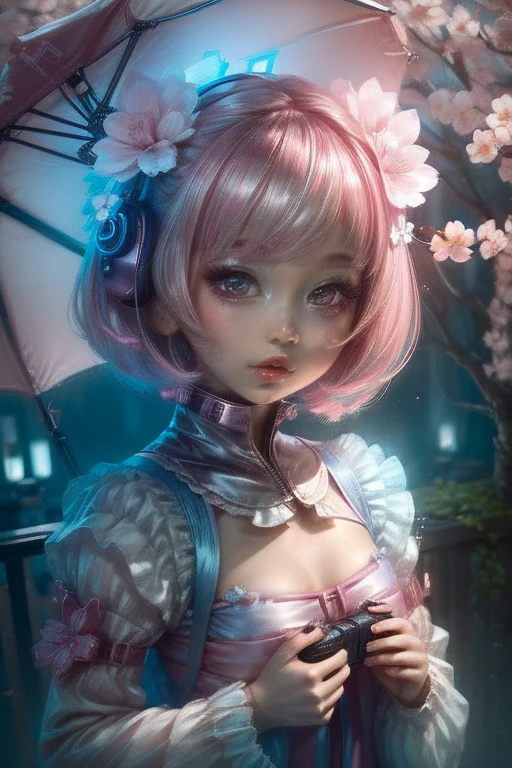 "((Charm)) Gijinka Girl, ((PlayStation 5 inspired costumes)), Cherry blossom background, ((Mysterious atmosphere)), ((Soft pastel colors)), Detailed painting, ((Captivating Gaze)), masterpiece