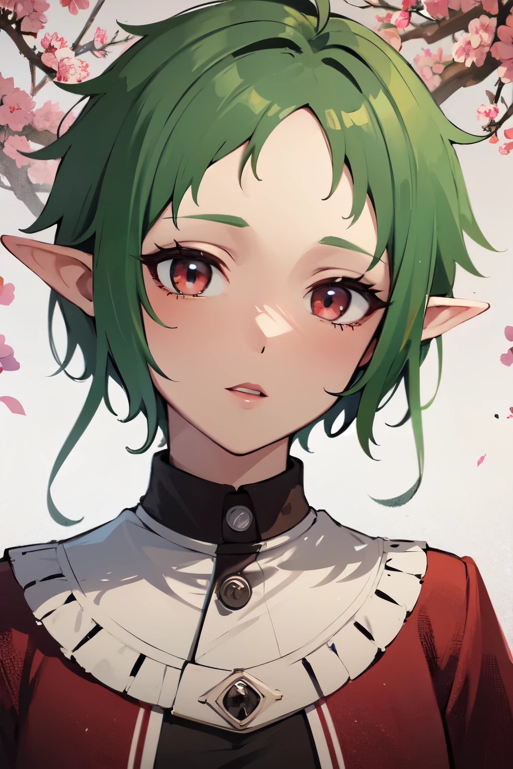 ((best quality)), ((masterpiece)), (detailed), perfect face. Asian girl. Green hair. Short hair. Elf. Maroon eyes.