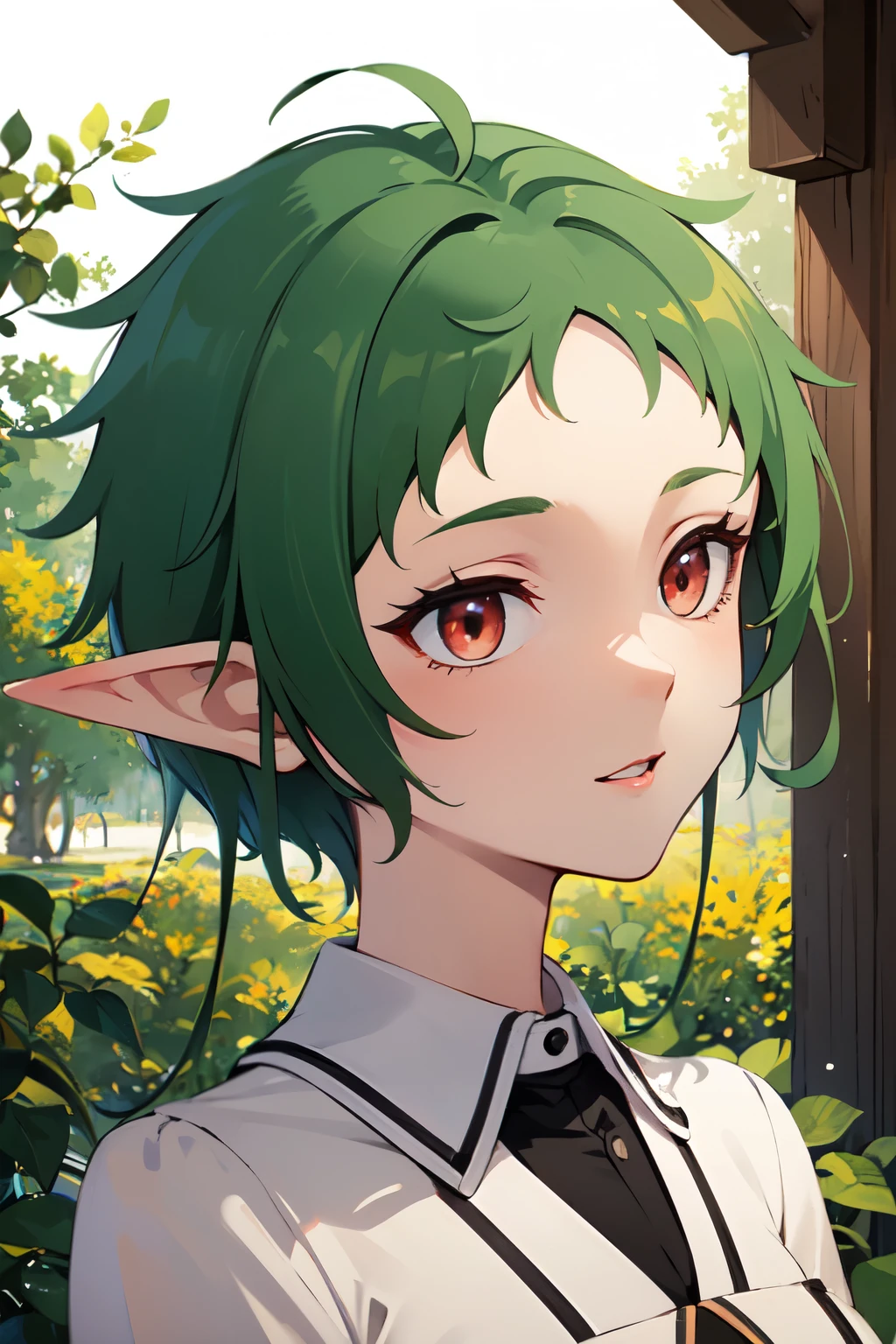 ((best quality)), ((masterpiece)), (detailed), perfect face. Asian girl. Green hair. Short hair. Elf. Maroon eyes.