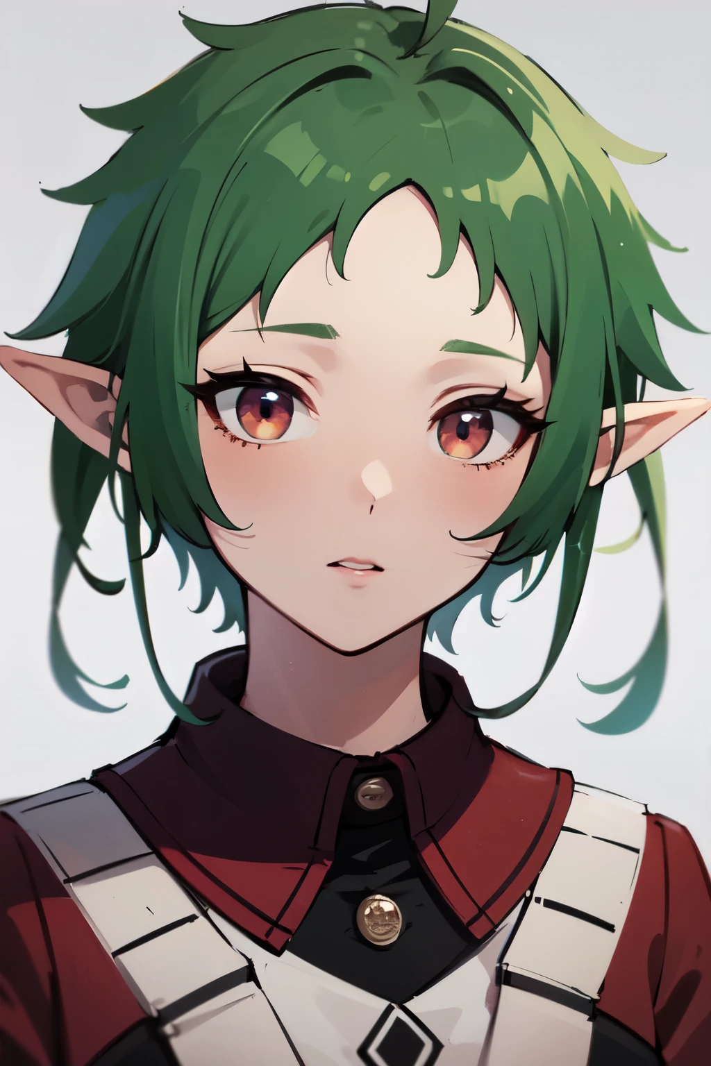 ((best quality)), ((masterpiece)), (detailed), perfect face. Asian girl. Green hair. Short hair. Elf. Maroon eyes.