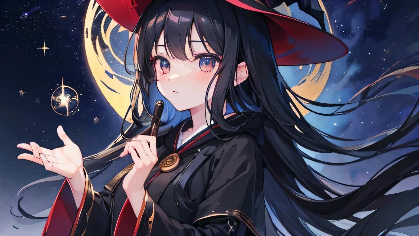 high quality, highly detailed, detailed hands, anime girl, traditional black sorcerer robe, sorcerer hat, cute, elegant, long black hair, dark eyes, magic effects, starry night background