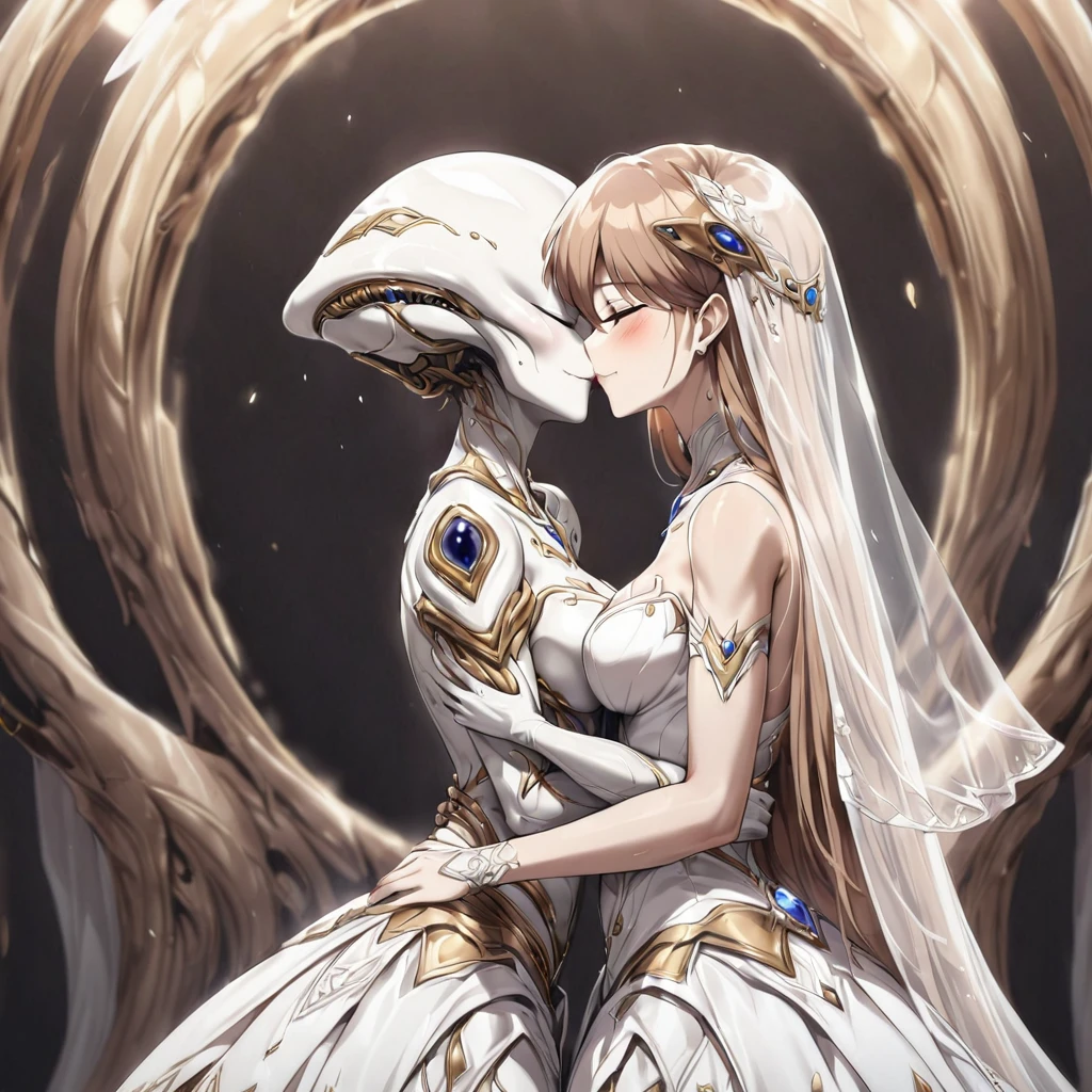 ((highest quality)), ((masterpiece)), (detailed), （Perfect Face）、（The woman is Princess Leona, with long, straight light brown hair, a slender figure but average breasts, and a gentle smile. She and the alien get close to each other, embrace each other, and share a deep kiss as they make their vows, then get married.）、The strange alien and the woman are in the alien nest, and the alien is married to the woman, embracing each other and kissing in a vow.、The woman is wearing an alien decorated wedding dress and an alien decorated wedding veil and is also wearing alien decorations and an alien engagement ring.