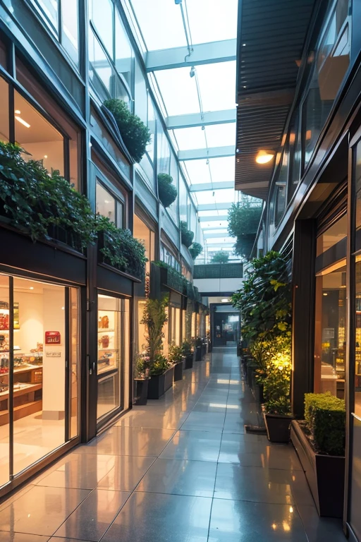neighborhood mall,
humidified ambient,
two storys,
two floors,
garden,
smoth natural light,
rain forest vegetation,
smoth light,
50 meters width,
50 meters length,