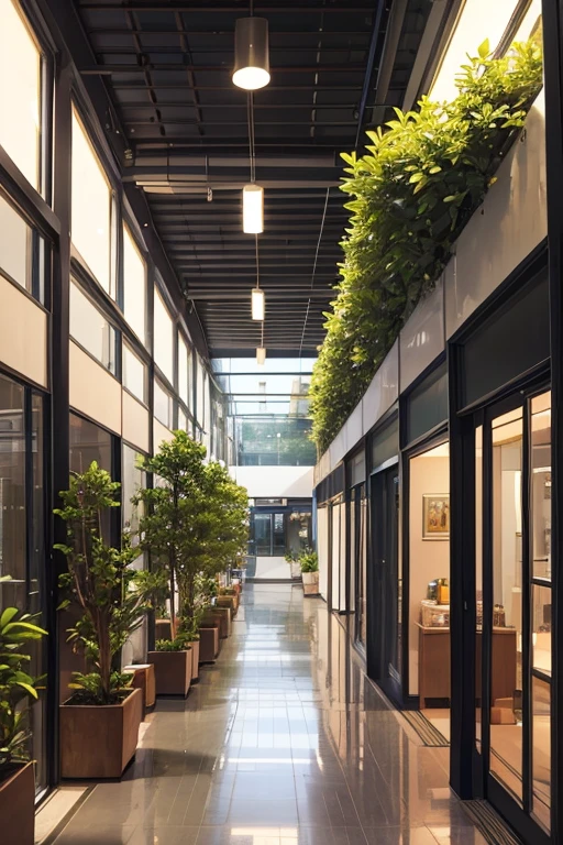neighborhood mall,
humidified ambient,
two storys,
two floors,
garden,
smoth natural light,
rain forest vegetation,
smoth light,
50 meters width,
50 meters length,