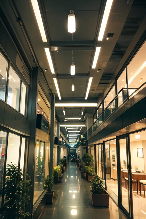 neighborhood mall,
humidified ambient,
two storys,
two floors,
garden,
smoth natural light,
rain forest vegetation,
smoth light,
50 meters width,
50 meters length,