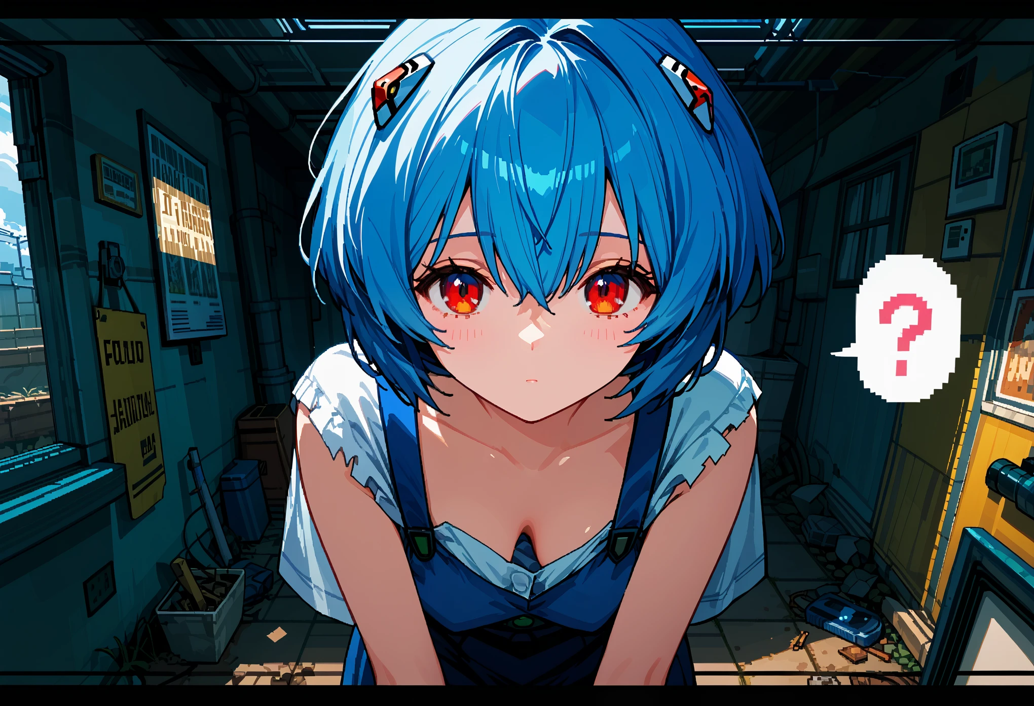 score_8,(User Interface of Action game:1.3), english text,pixel art, cowboy shot, button prompt, 2d dynamic lighting,ayanami rei,1girl,post-apocalypse, destroyed city,wasteland, neon genesis evangelion, extended downblouse, leaning forward,face focus,expressionless,spoken question mark