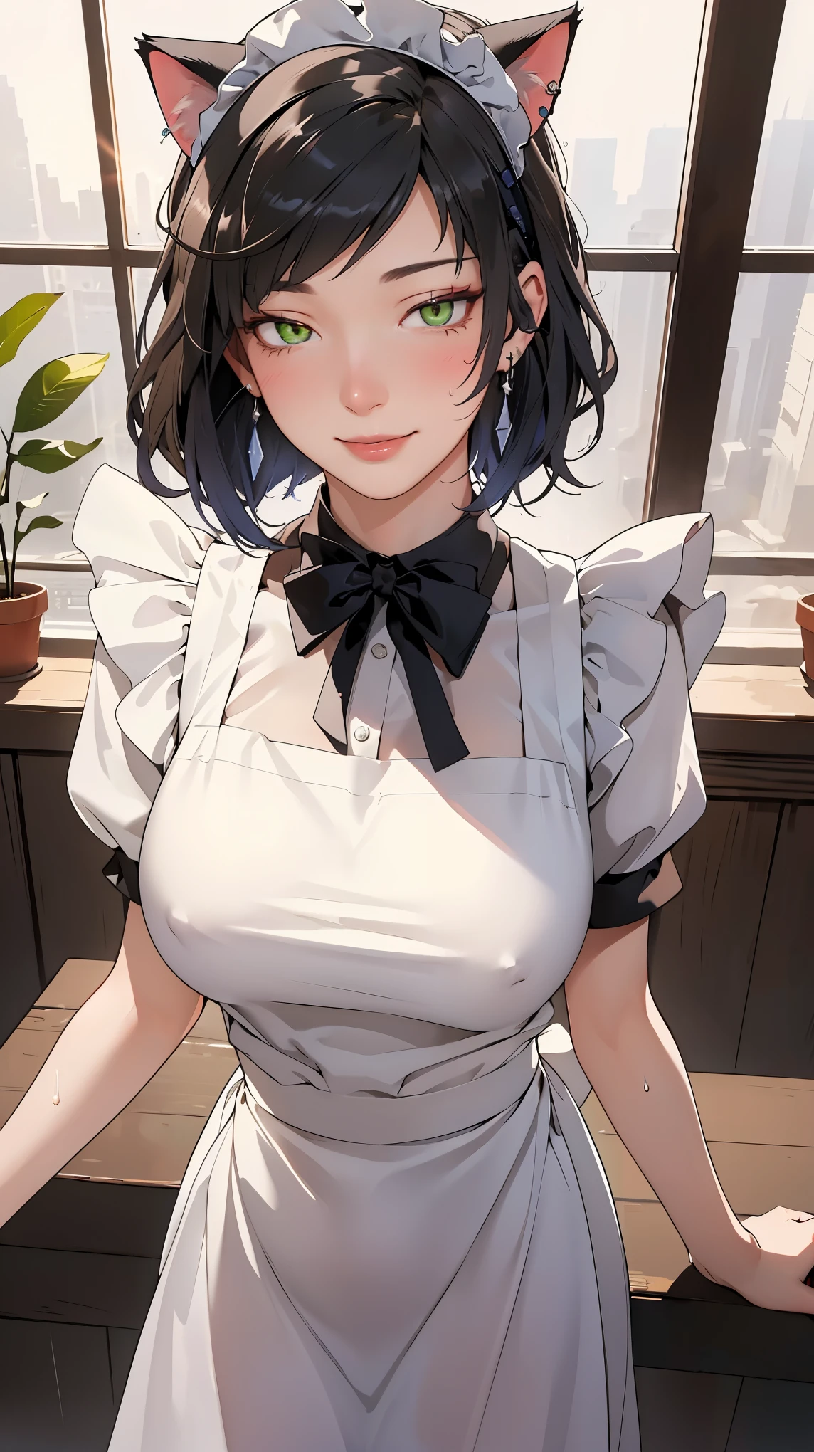 ((((masterpiece, best quality, high resolution)))), Extremely detailed 8K, Beautiful girl with voluptuous body, (Ultra HD, Ultra-detailed, Highly detailed, Highly realistic, Ultra-realistic, photograph realistic), (1girl:1.5), (Realistic black hair), (short wavy hair, hair ornaments, earrings), (dynamic poses), facing at camera, looking at viewer, (blushing red, embarrassed, smile), (green eyes, sharp eyes), (big perky breasts:1.2), (beautiful detailed face, beautiful detailed eyes), ((maid outfit, maid apron, cat ears headband)), (detail pussy), (standing up), sweat, glow, (sunbeam, sunlight), ((cowboy shot)), coffee shop, seductive