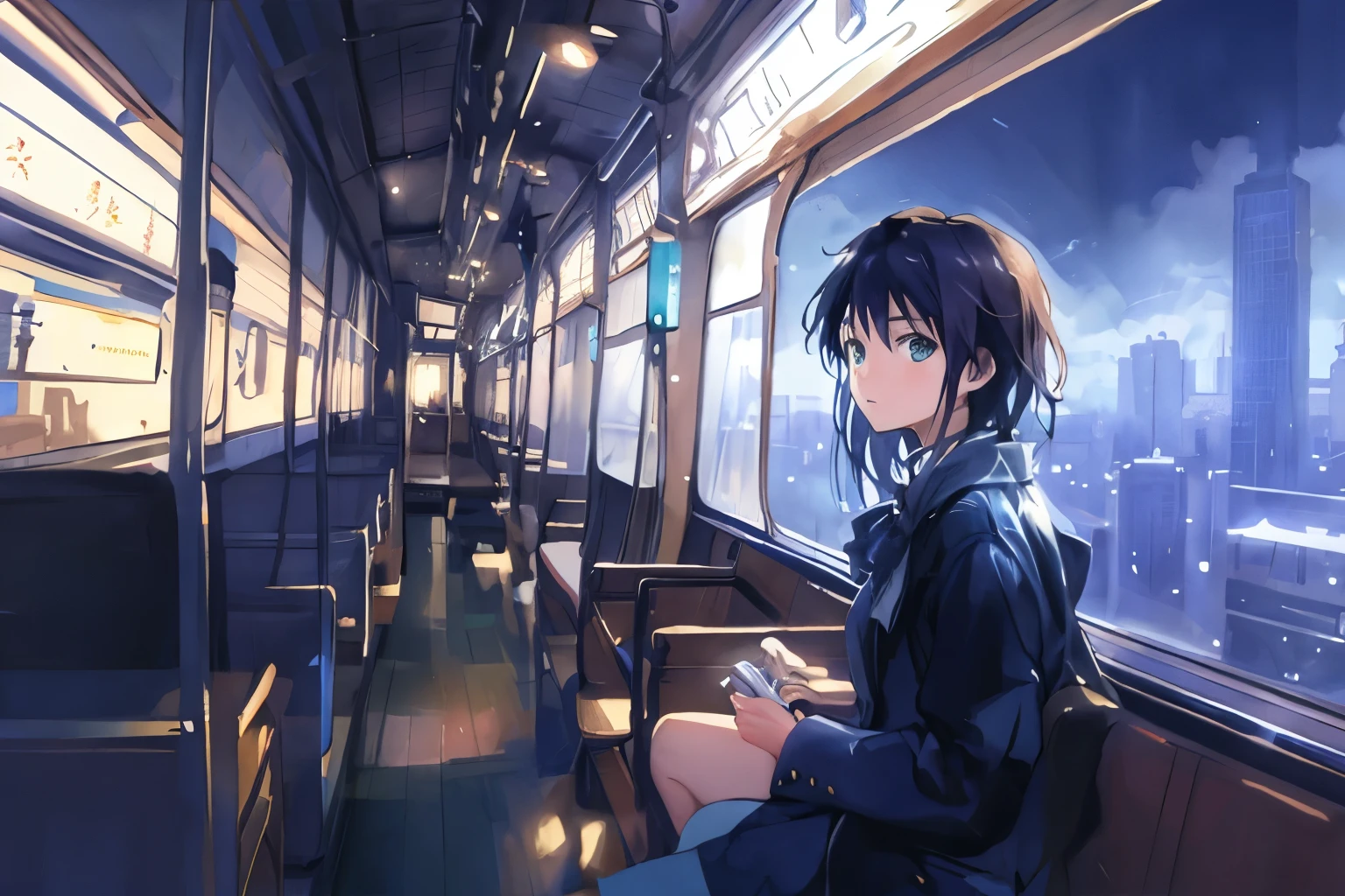 Created exquisite illustrations reminiscent of Makoto Shinkai's style, 非常に細かいディテールとhighest qualityを備えています. I will create a charming illustration of a girl in uniform looking out the window of a train at a cityscape that combines elements of nostalgia and cyberpunk.。. Imbuing the whole scene with a mysterious and complex atmosphere, Ensure high quality output. A detailed look at the nostalgic interior of trains, Vintage decor and soft, Warm lighting, Create a cozy atmosphere. Out of the window, Blending the old-world charm of trains with futuristic cityscapes. Look at the girl's expression, Watching the bustling metropolis pass by、Capturing wonder and curiosity. The composition aims to transport the viewer to a dreamlike world where past and future collide in a fascinating tapestry of city life seen through the lens of train travel.。. highest quality, masterpiece、evening