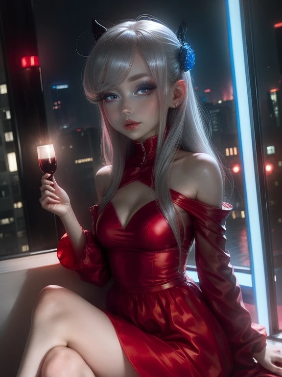 One Woman、Red dress、Gray Hair、((blue eyes))、Captivating eyes、Night view