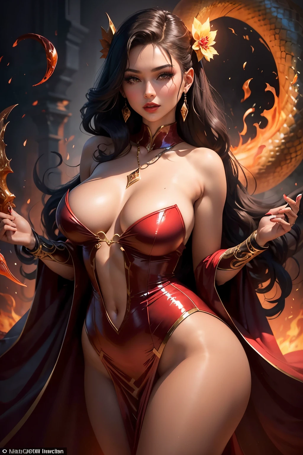 Enchanting Serpent-Clad Vixen: A captivating figure of a hot, sexy girl can be seen donning a slithering snake dress that elegantly embraces her lithe and alluring silhouette. With eyes aglow under a cascade of voluminous, glossy waves, and fiery red lips that exude an irresistible charm, she is the embodiment of seduction and mystique. Surrounded by a warm, fiery haze, her figure seems to glow with an intense heat, making her unforgettable presence radiate even more.