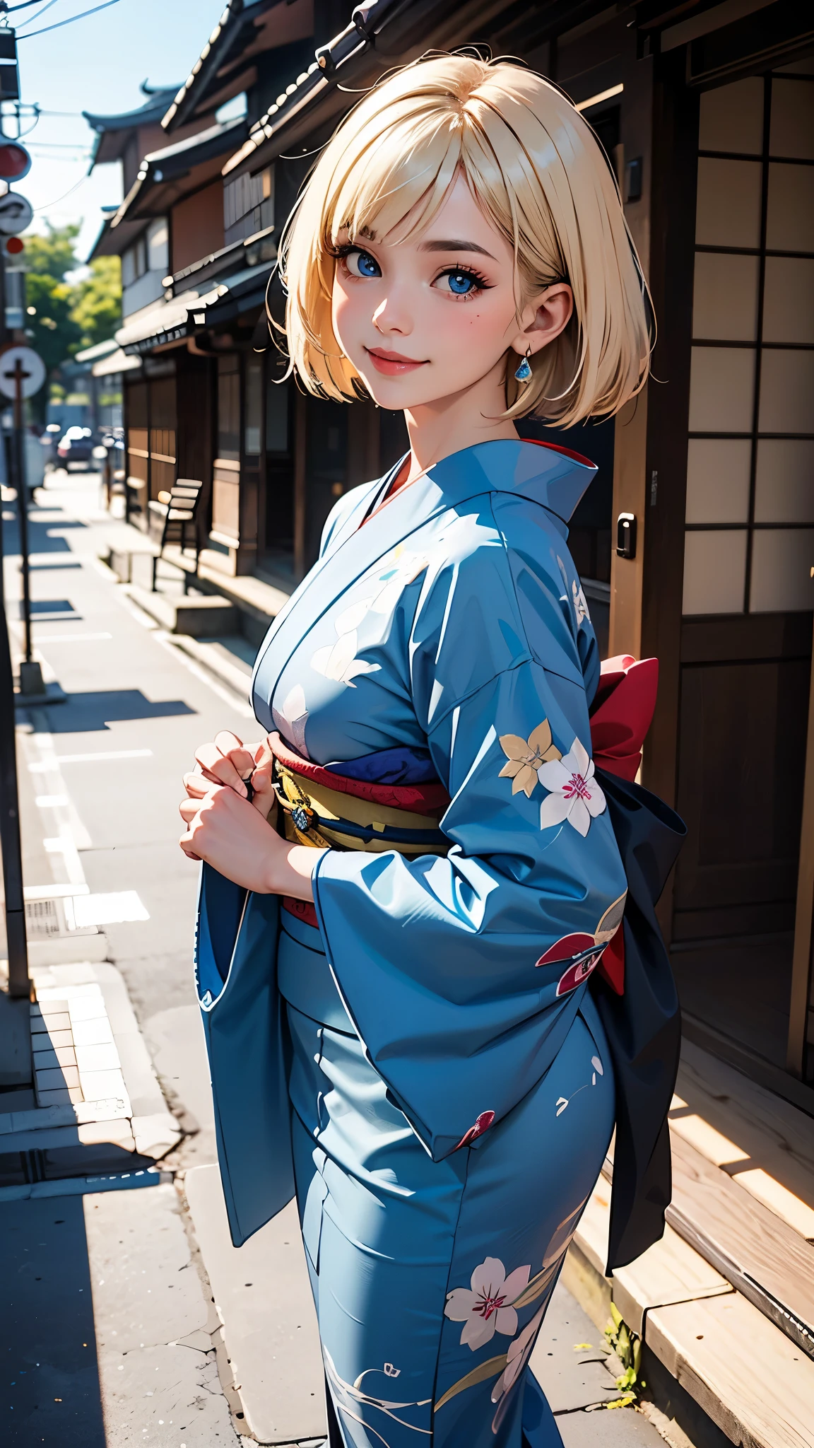 (RAW photo, best quality), (Beauty photography:1.3),(masterpiece), Composition from the waist up,Facing forward、((American Woman)),((Blue Eyes))((Blonde Hair)), ((Bob Hair)), looking at the viewer, standing, Giddy-Smile:2, earrings, outdoors, Detailed traditional Japanese kimono,asymmetric_bangs,Streets of Kyoto, Japan、((formal japanese kimono))、((Background blur)),((sony A7R 80mm f1.6 Lenses))、Selfie、Fisheye Lens