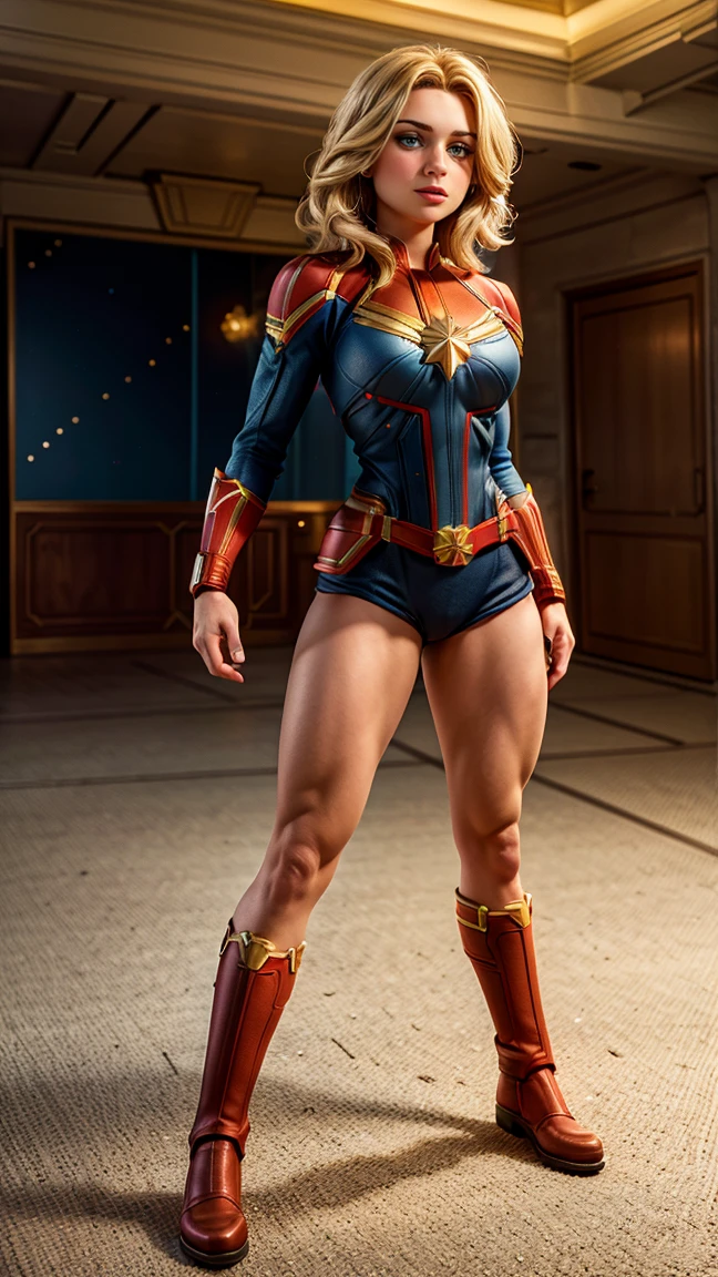 8K, Ultra HD, super details, high quality, high resolution. The Captain Marvel heroine looks beautiful in a full-length photo, her body is sculptural, her long straight blonde hair shines in perfect combination with her white skin, her bright blue eyes mesmerize everyone. The upper part of the uniform is blue, with red and gold details that create an interesting visual contrast, the lower part of the uniform is predominantly red, Captain Marvel's boots are red and gold, complementing the heroic look of the uniform. she looks very sexy, drawing attention to her big breasts and thick legs.