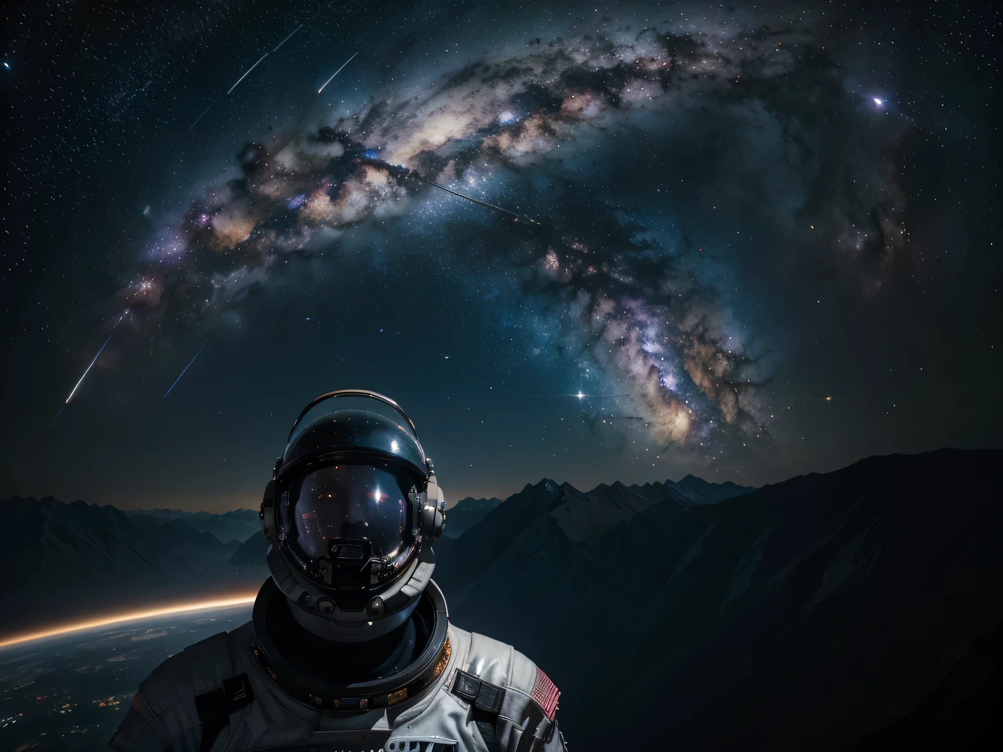 A breathtaking view of a distant galaxy, with swirling spiral arms full of vibrant stars and cosmic dust. The galaxy is set against the backdrop of a vast, star-filled universe, with nebulae of various colors—blue, pink, and purple—illuminating the scene. In the foreground, an astronaut floats in space, tethered to a futuristic spacecraft with sleek, metallic design. The astronaut is gazing in awe at the cosmic spectacle, with reflections of the galaxy visible on the helmet visor. The image should be highly detailed, with rich textures in the galaxy's arms, the nebulae, and the astronaut's suit. The overall atmosphere is one of wonder and exploration, capturing the infinite beauty and mystery of the universe.