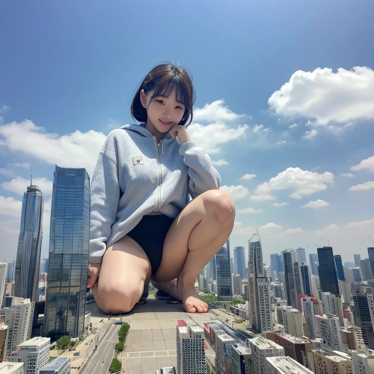 (masterpiece),(best quality),a korean woman panty look, whose height is 10000000 kilometers, at the nano-sized miniature endless city of micro-sized endless continent world, she kneel down on top of a lot of nano-sized buildings which are much smaller than her, she feel happy and enjoy