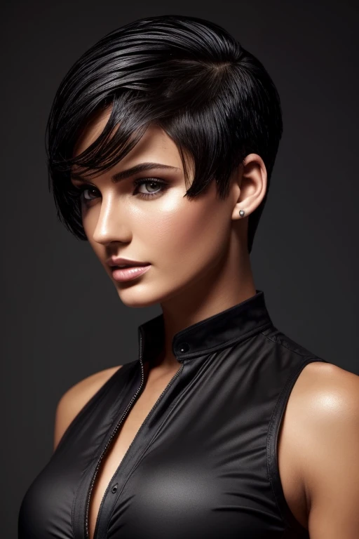 Gorgeous european woman with short hair, short hair, ponytail, wet hair, hair slicked back, combed straight back, slick hair, black gradient hair, wearing a safari outfit, cleavage, solid dark grey background