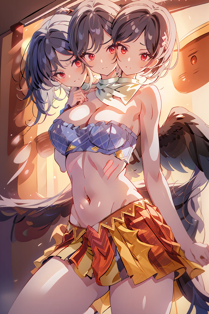 (masterpiece, best quality), best quality, (ultra-detailed), (3heads:1.5), 1girl, (kurokoma saki:1.3), masterpiece, best quality, ultra quality, ultra resolution, ultra detail, blue top, crop top, ((stomach)), midriff, ((groin)), orange skirt, normal ears, shackles, black hair, very long hair, wavy hair, sidelocks, red eyes, parted lips, open belly, sweat, cute, toned belly, hand on own chest, eyelashes, (24 year old woman:1.3), (masterpiece:1.5), (best quality:1.5), (beautiful detailed), extremely detailed CG, extremely delicate and beautiful, depth of field, (finely detailed face), (perfect details:1.2), (mature female:1.3), wide pelvis, slender, large veiny breast, 16k resolution, highres,, very high quality, very high definition, extremely detailed, masterpiece, black hair, long hair, alluring presence, braid, short skirt, close up, big tits, young, cowboy hat, black wings,
