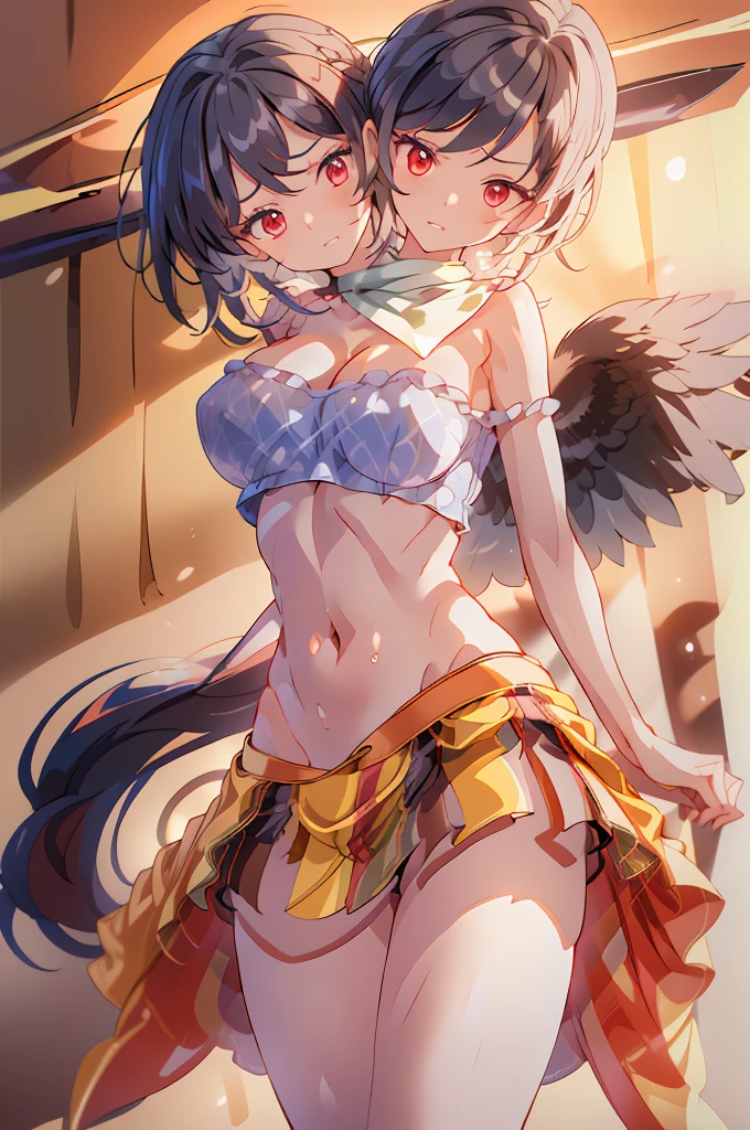 (masterpiece, best quality), best quality, (ultra-detailed), (3heads:1.5), 1girl, (kurokoma saki:1.3), masterpiece, best quality, ultra quality, ultra resolution, ultra detail, blue top, crop top, ((stomach)), midriff, ((groin)), orange skirt, normal ears, shackles, black hair, very long hair, wavy hair, sidelocks, red eyes, parted lips, open belly, sweat, cute, toned belly, hand on own chest, eyelashes, (24 year old woman:1.3), (masterpiece:1.5), (best quality:1.5), (beautiful detailed), extremely detailed CG, extremely delicate and beautiful, depth of field, (finely detailed face), (perfect details:1.2), ( female:1.3), wide pelvis, slender, large veiny breastresolution, highres,, very high quality, very high definition, extremely detailed, masterpiece, black hair, long hair, alluring presence, braid, short skirt, close up, big tits, yoboy hat, black wings,
